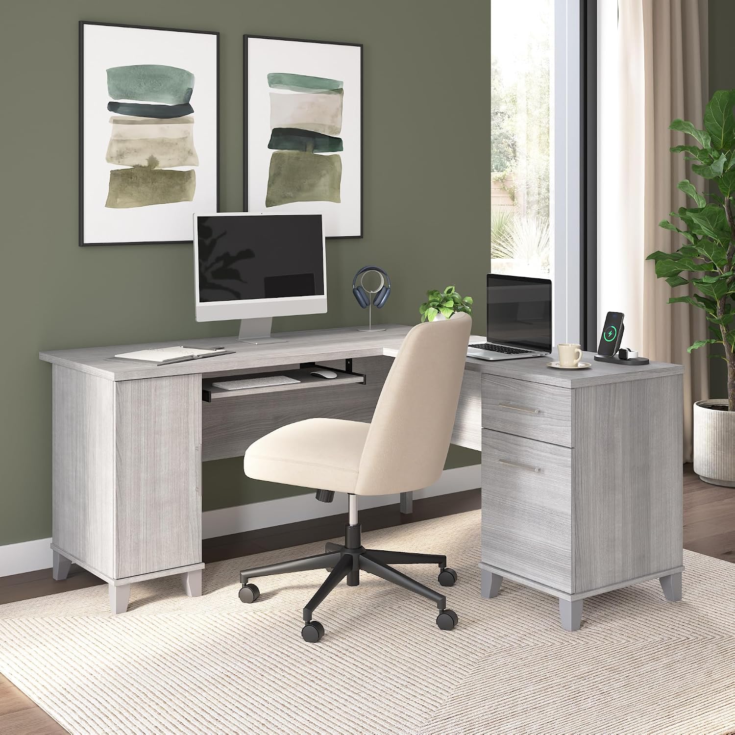 Bush Home 60-Inch L-Shaped Desk with Storage, Corner Computer Office Desk with Drawers and Storage Cabinet, Home Office Furniture, Somerset Collection, Platinum Gray