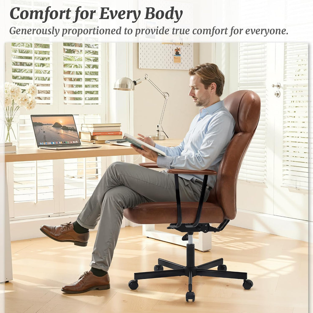 Cozyman Ergonomic PU Leather Home Office Chair, High Back Executive Desk Chair with 5-Layer Cushion, 95-135° Reclining Back, Lumbar Support, Adjustable Height, 360° Swivel for Home Office Task, Brown
