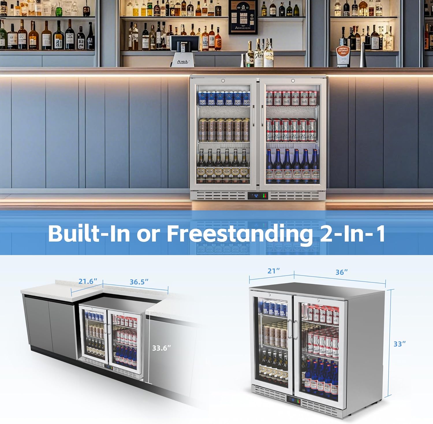 36 inch 7.4 cu.ft Back Bar Cooler Commercial Under Counter Beverage Refrigerator with 2 Glass Doors & LED Lighting, Stainless Steel Bottle Cooler for Home Bar Restaurant, Sliver, 115V, ETL Approved
