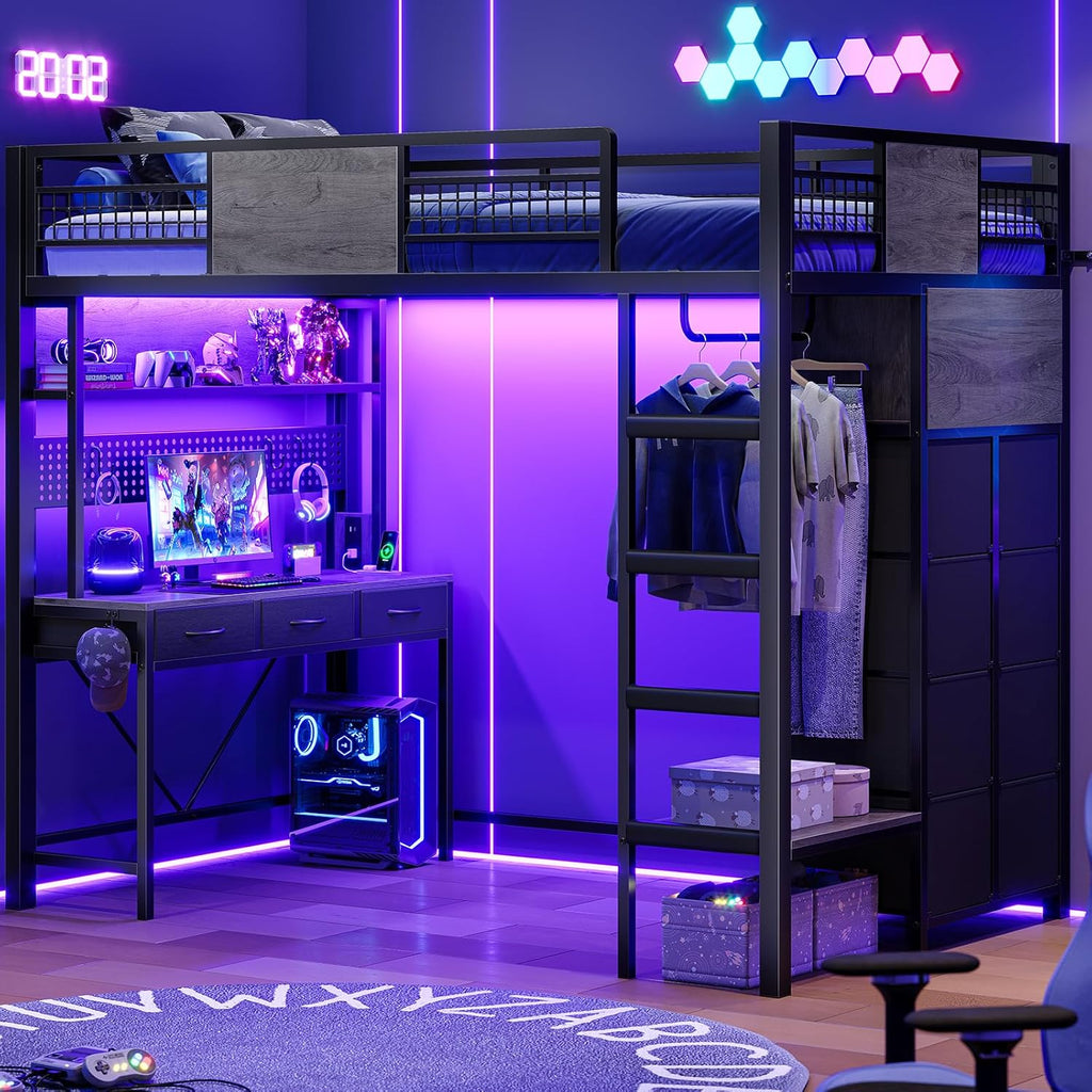ADORNEVE Loft Bed Twin Size with Desk, 11 Storage Drawers, Metal Kids Loft with RGB Lights, Charging Station, Shelves & Clothing Rack, 13.4' H Safety Guard & Paded Ladder, Black & Grey