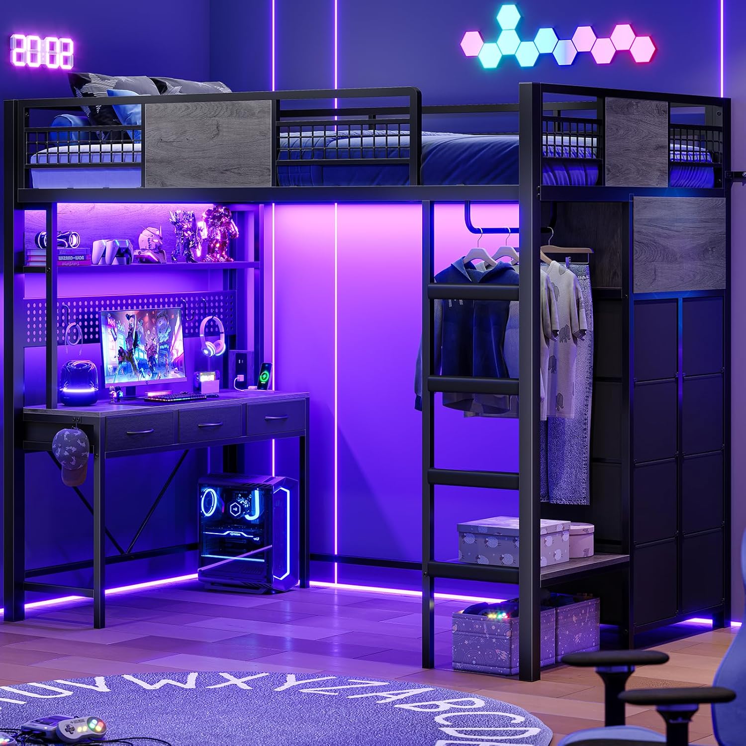 ADORNEVE Loft Bed Twin Size with Desk, 11 Storage Drawers, Metal Kids Loft with RGB Lights, Charging Station, Shelves & Clothing Rack, 13.4' H Safety Guard & Paded Ladder, Black & Grey