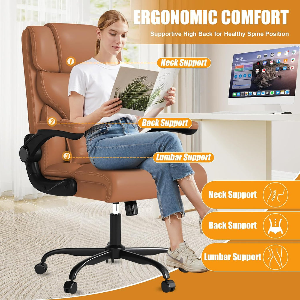 Executive Office Chair with Flip-up Armrests,Ergonomic Computer Desk Chairs,Mid-Tall Back Leather Office Chair 400 Lbs,Lumbar Support Swivel PC Chair with Rocking Function