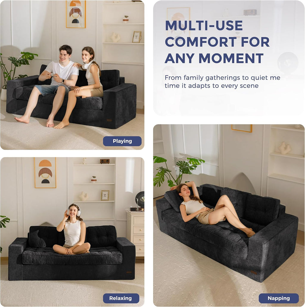 MAXYOYO 3-Seater Boneless Sofa Couch, Tufted Sofa Lounge for Living Room, Comfy Bean Bag Chair High-Density Foam Couch with Pillows, No Assembly Required