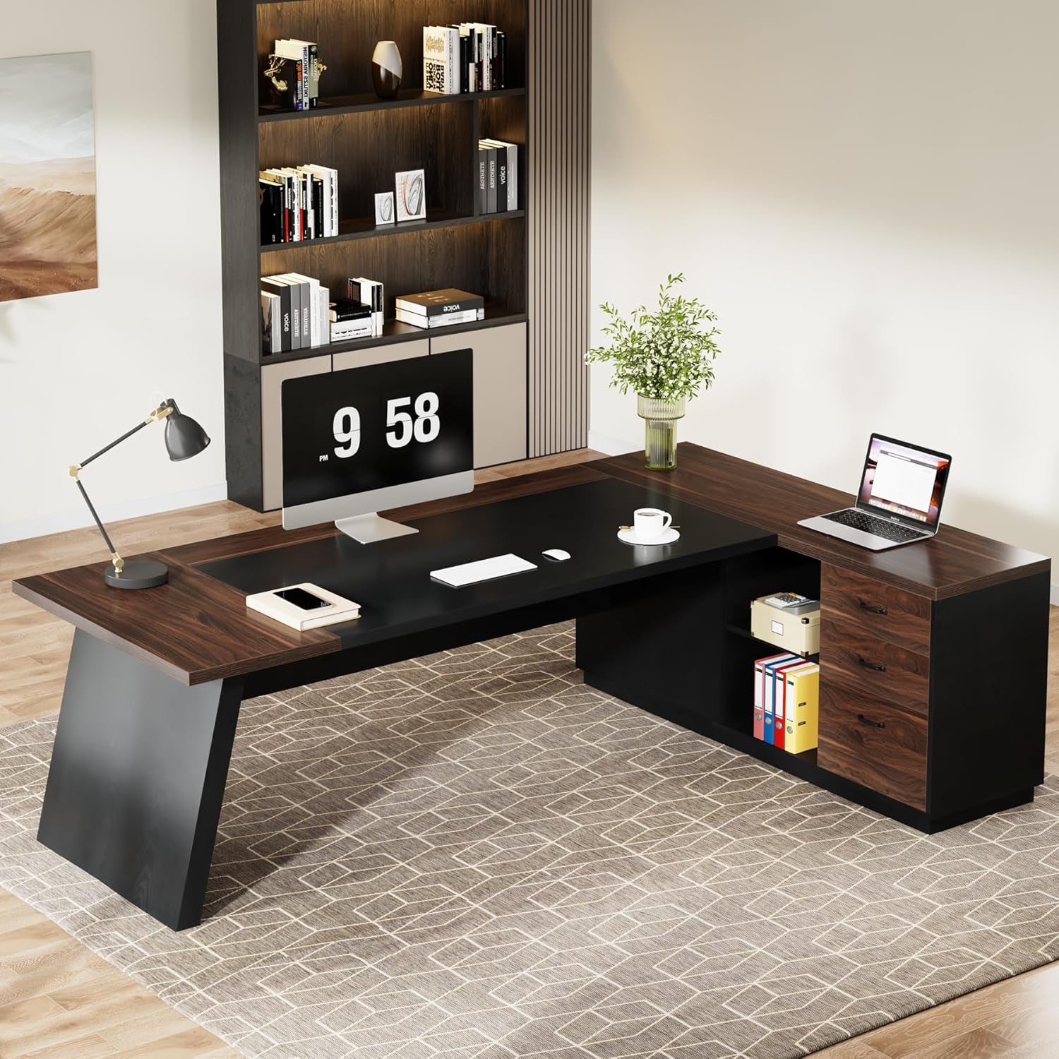 Tribesigns L-Shaped Executive Desk, 78-Inch Large Office Desk with Drawers and Lateral File Cabinet, Modern Business Furniture with Storage Shelves, Workstation for Home Office (Walnut + Black)