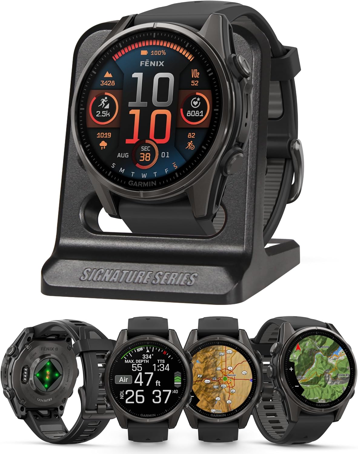 Garmin Fenix 8 Sapphire, 43mm Premium AMOLED Multisport GPS Smartwatch with inReach Technology, Health Tracking | Carbon Gray DLC Titanium/Pebble Gray with Signature Series Modern Power Stand