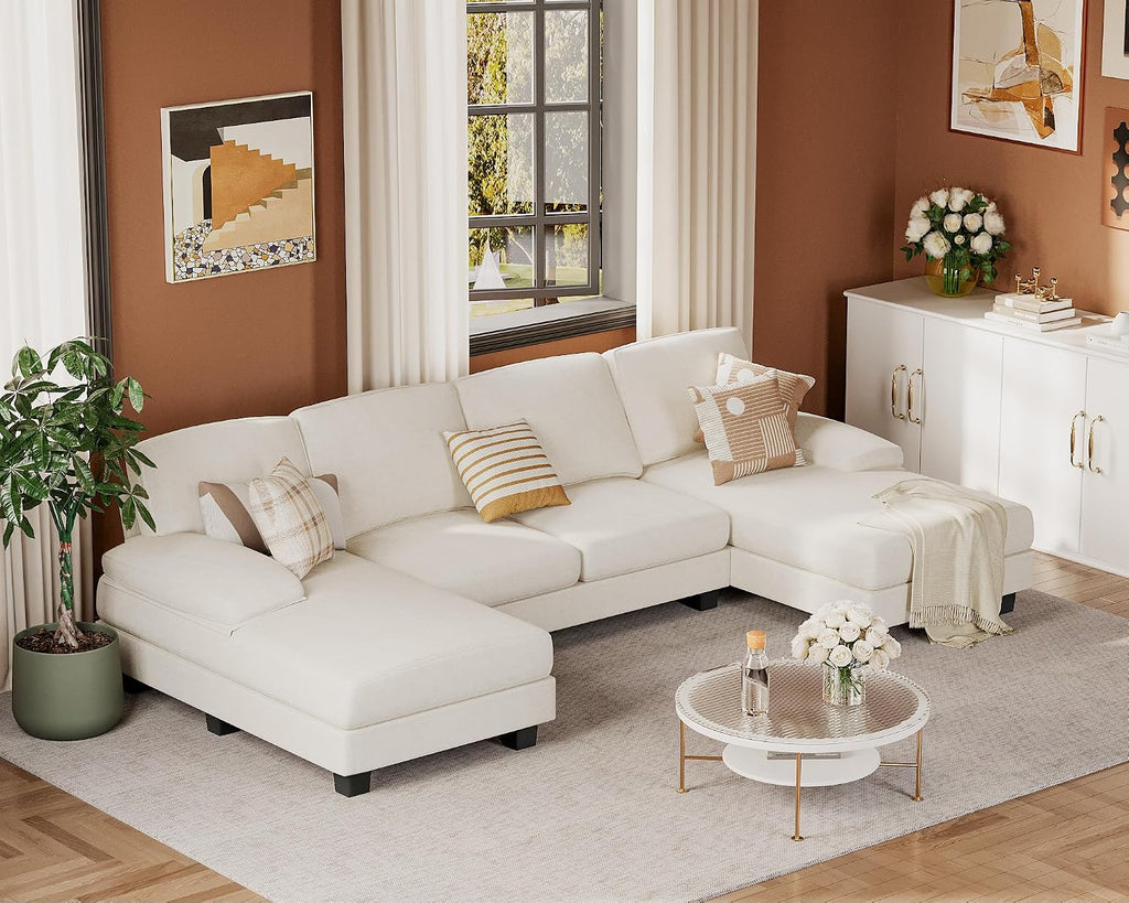 JUMMICO Sectional Couches for Living Room, U Shaped Couch with Chenille Fabric, 4 Seat Modern Sofa with Removable Pillows for Apartment and Small Space (Fabric, White)