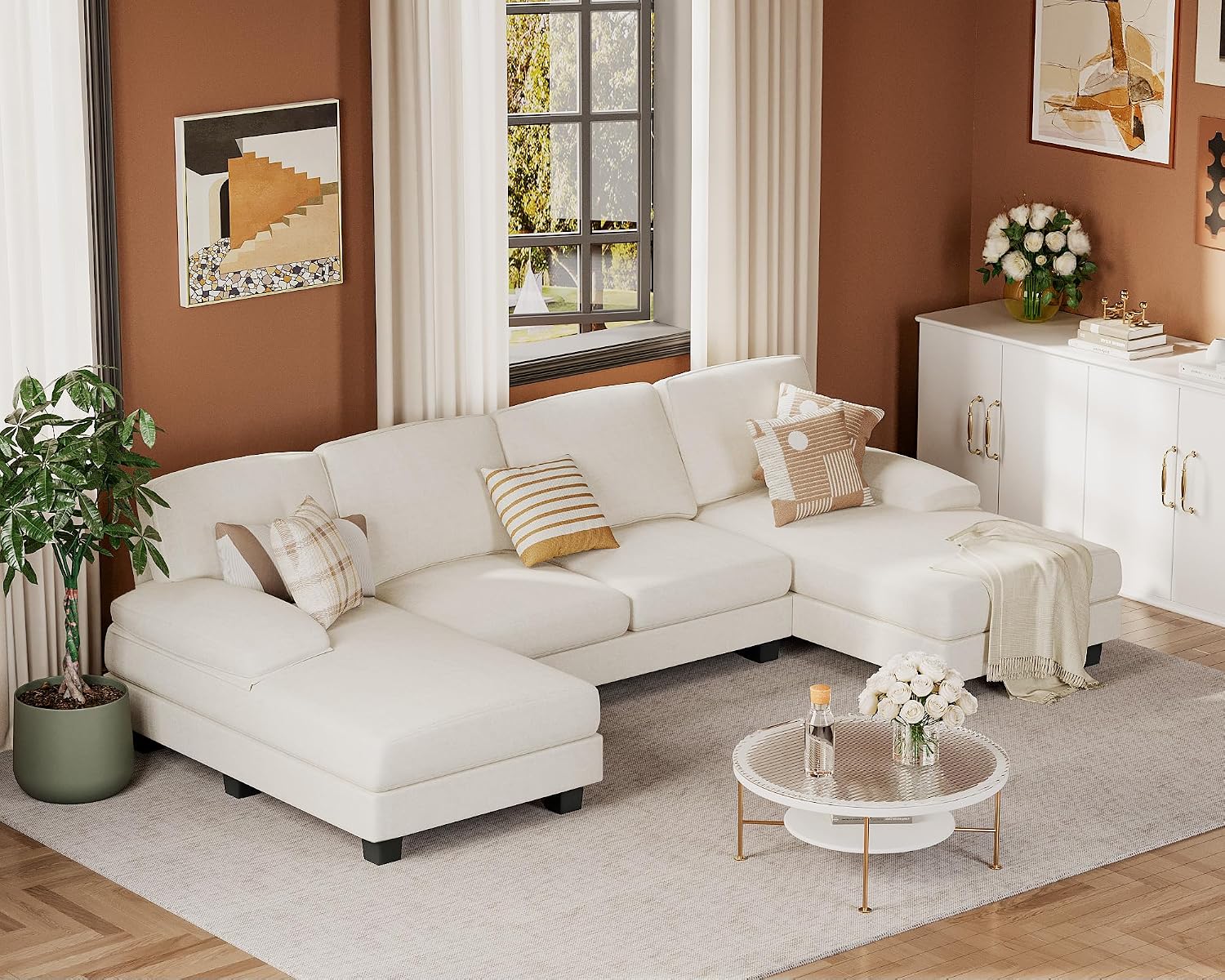 JUMMICO Sectional Couches for Living Room, U Shaped Couch with Chenille Fabric, 4 Seat Modern Sofa with Removable Pillows for Apartment and Small Space (Fabric, White)