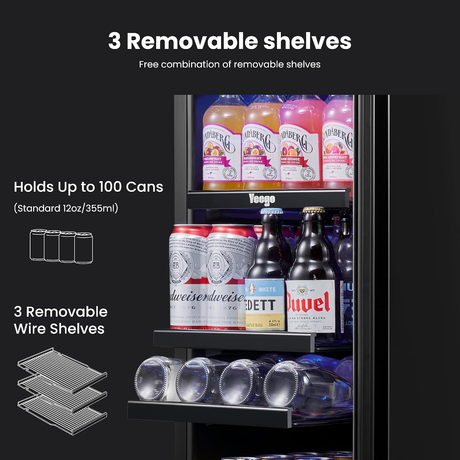 Yeego 15 Inch Beverage-Refrigerator, Beverage Cooler Stainless Steel Refrigerator Built-in or Freestanding, Small Wine Fridge with Glass Door, Drink Fridge for Beer, Soda, Wine