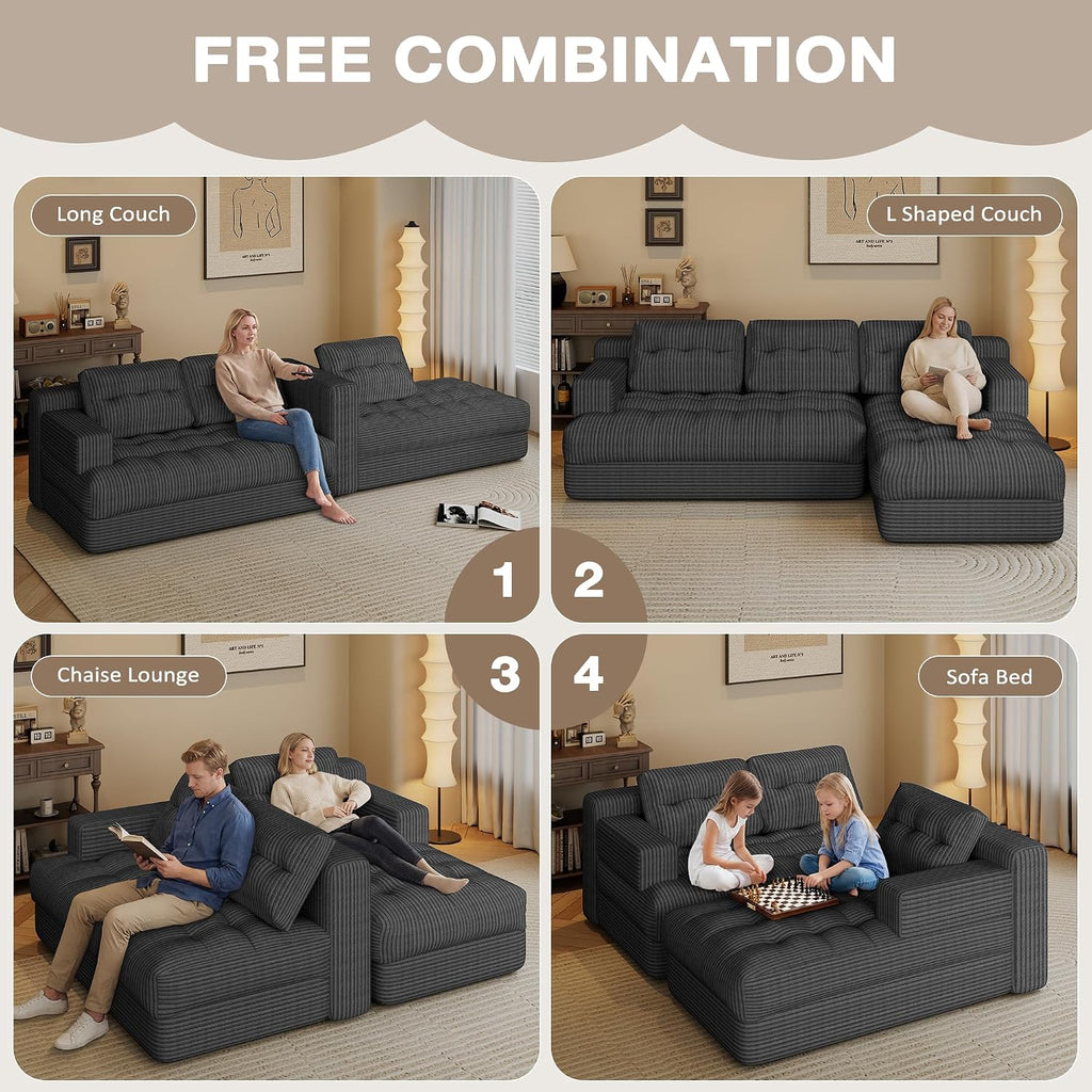Boneless Couch, 2026 New Boneless Sectional Couch with Deep Seat & Chaise for Small Spaces, Upholstered Cloud Couch Sectional Boneless Couches for Living Room, No Assembly, Right Facing Chaise, Grey