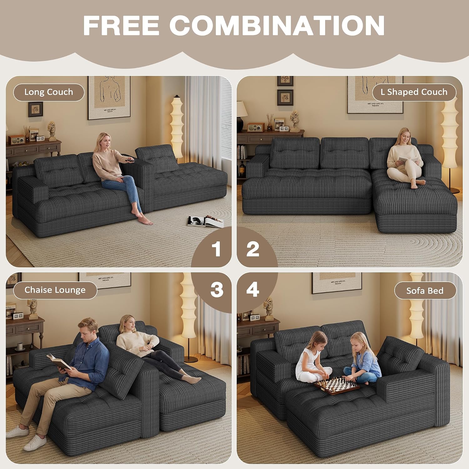 Boneless Couch, 2026 New Boneless Sectional Couch with Deep Seat & Chaise for Small Spaces, Upholstered Cloud Couch Sectional Boneless Couches for Living Room, No Assembly, Right Facing Chaise, Grey