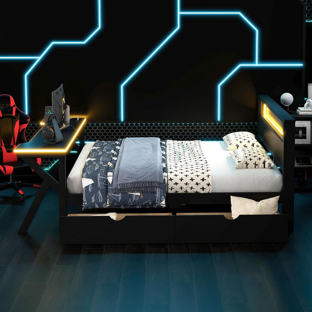 Harper & Bright Designs Full Size Gaming Loft Bed with Charging Station & LED Headboard, Built-in Desk with Outlets & USB/Type-C Ports, 2 Storage Drawers for Modern Living, Black