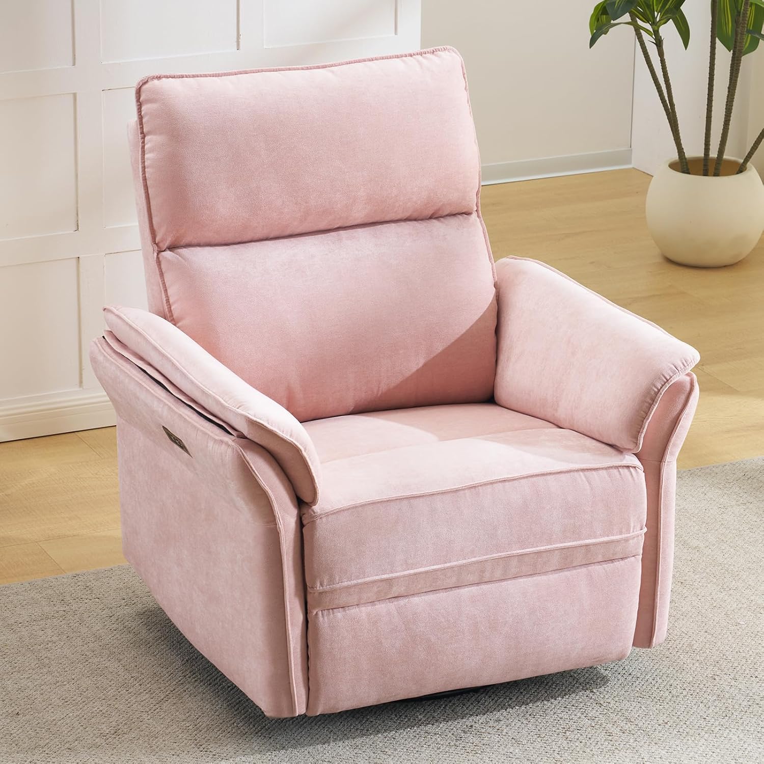 Oversized Rocking Chair Nursery with Massage and Heat, Glider Recliner Nursery Chair with Adjustable Headrest, Power Swivel Rocker Recliner Chair with USB Port, Pink