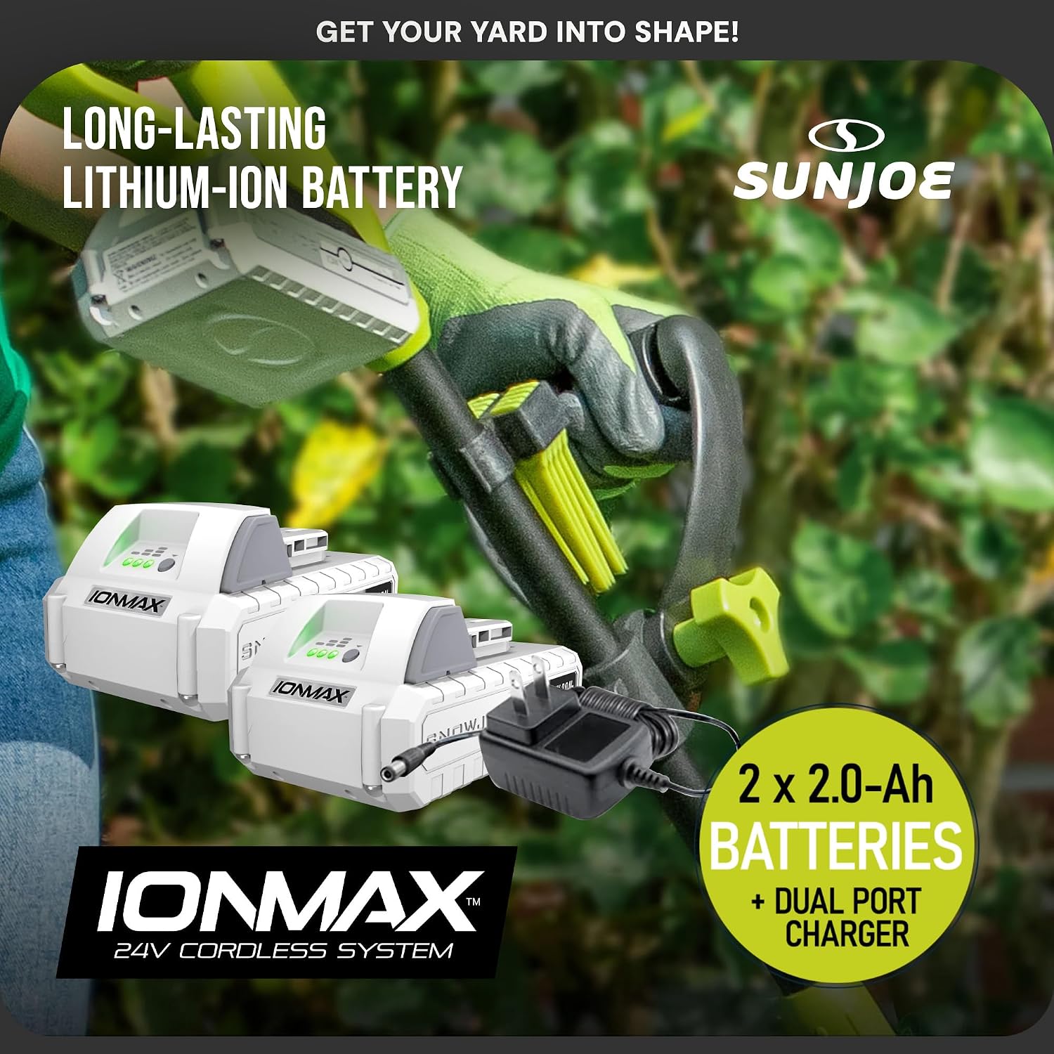 Sun Joe 24V IONMAX Cordless Leaf Blower, Grass and Hedge Trimmer Outdoor Garden Combo Power Tool Kit with Batteries and Charger, 24V-GT4MAX-LTE
