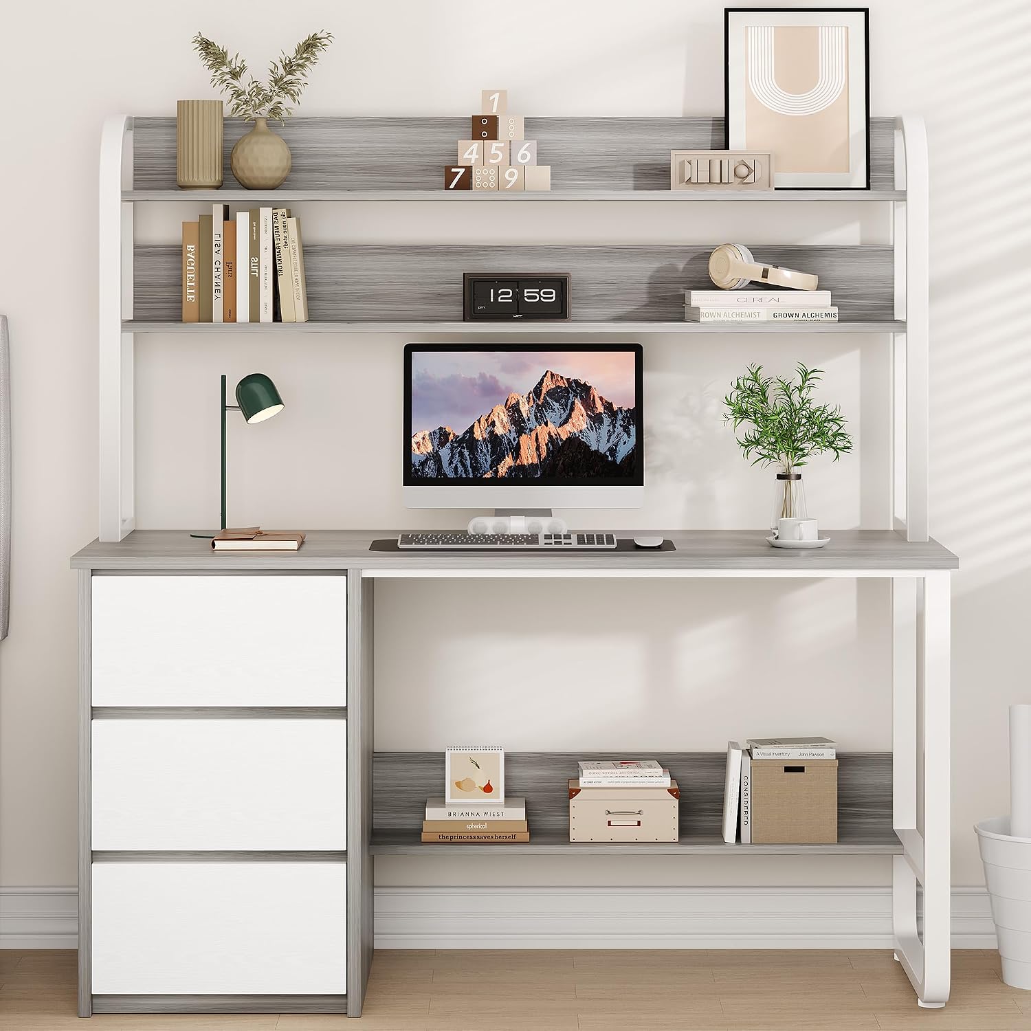 MaverickFurni Computer Desk with Hutch, 55 Inch Home Office Desk with Storage Drawers, Study Writing Desk with Shelves for Bedrrom, Adjustable Feet, Grey