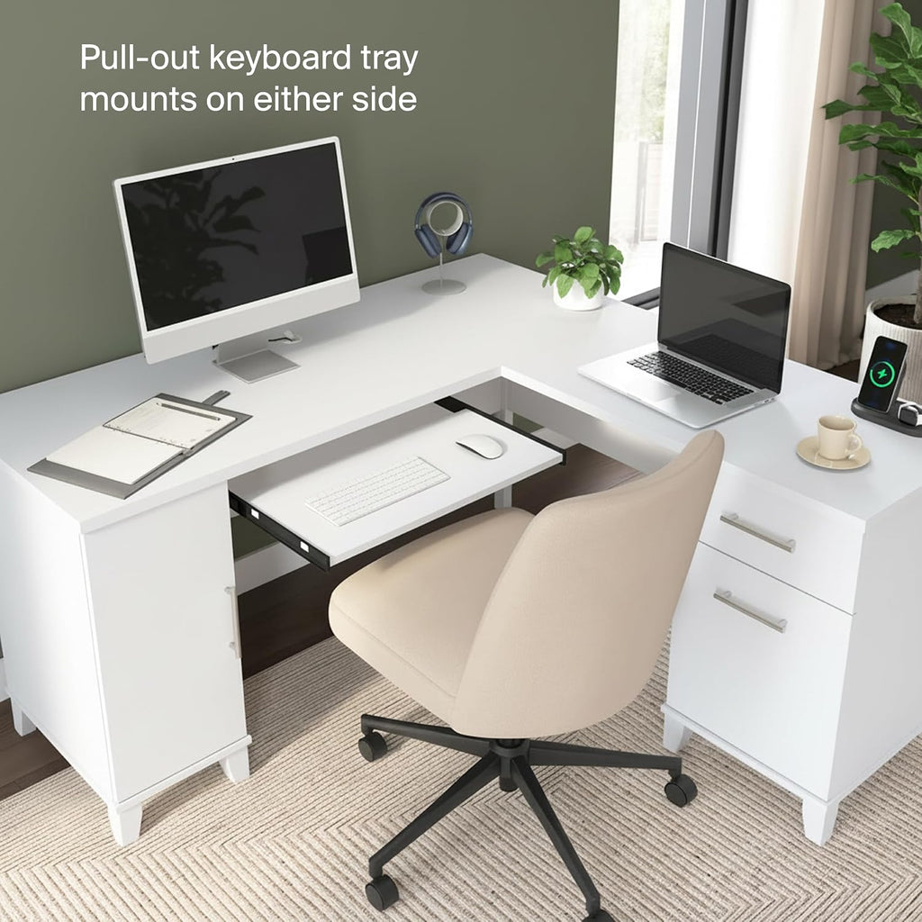 Bush Home 60-Inch L-Shaped Desk with Storage, Corner Computer Office Desk with Drawers and Storage Cabinet, Home Office Furniture, Somerset Collection, White
