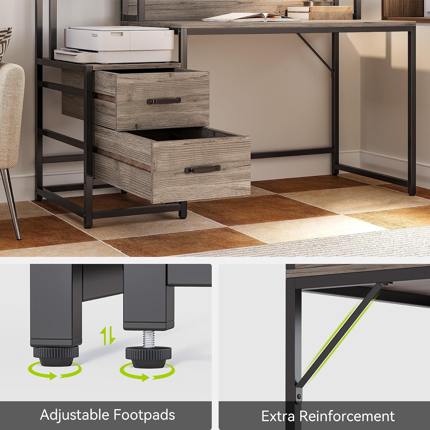 LITTLE TREE Computer Desk with Drawers and Hutch, Small Wooden Writing Desk with Storage Shelves for Bedroom, Rustic Desk for Home Office Desk, Gray