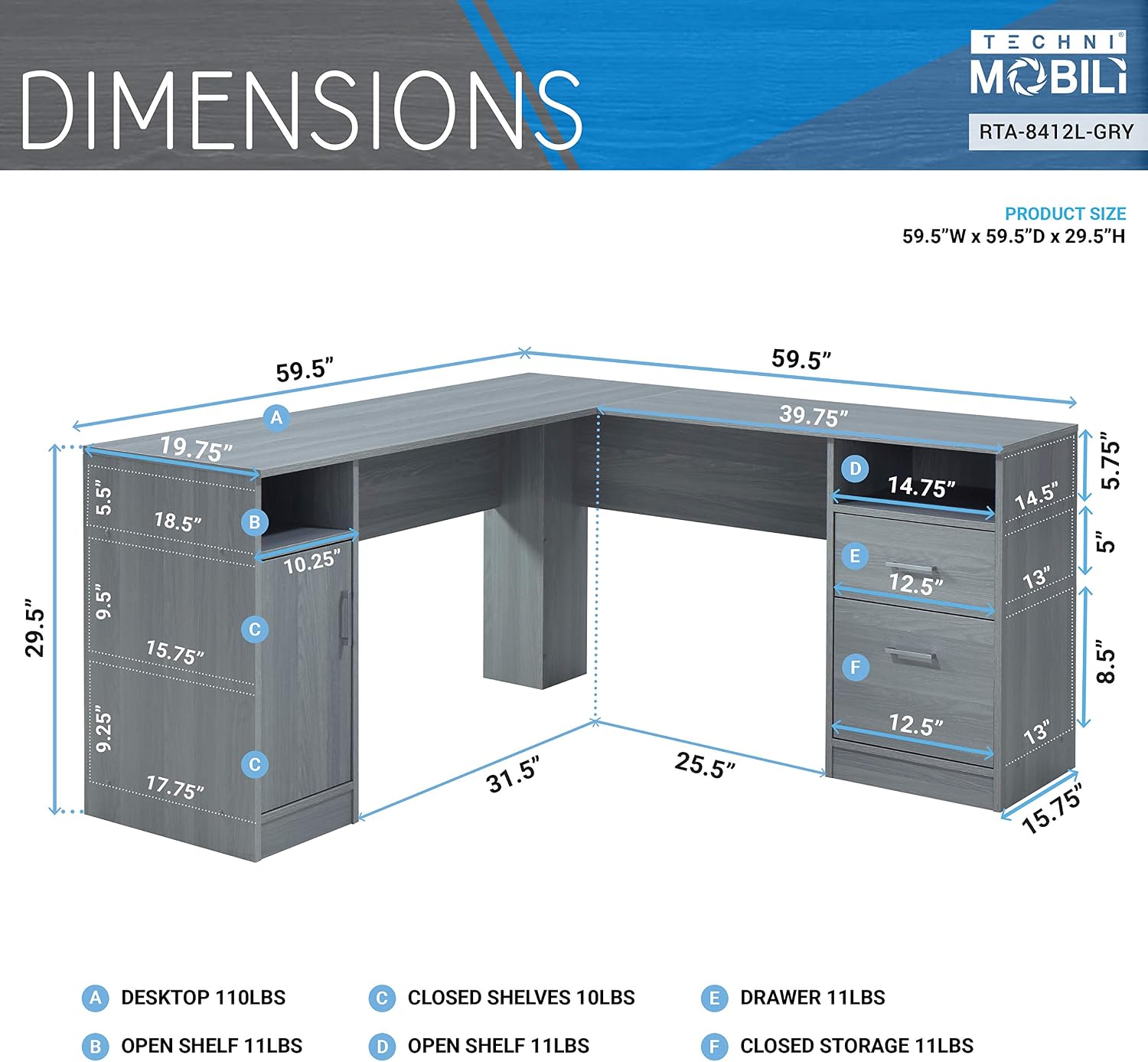 Techni Mobili Functional L-Shaped Computer Desk with storage, L is ⁠59.5' wide x 59.5' Long, Grey