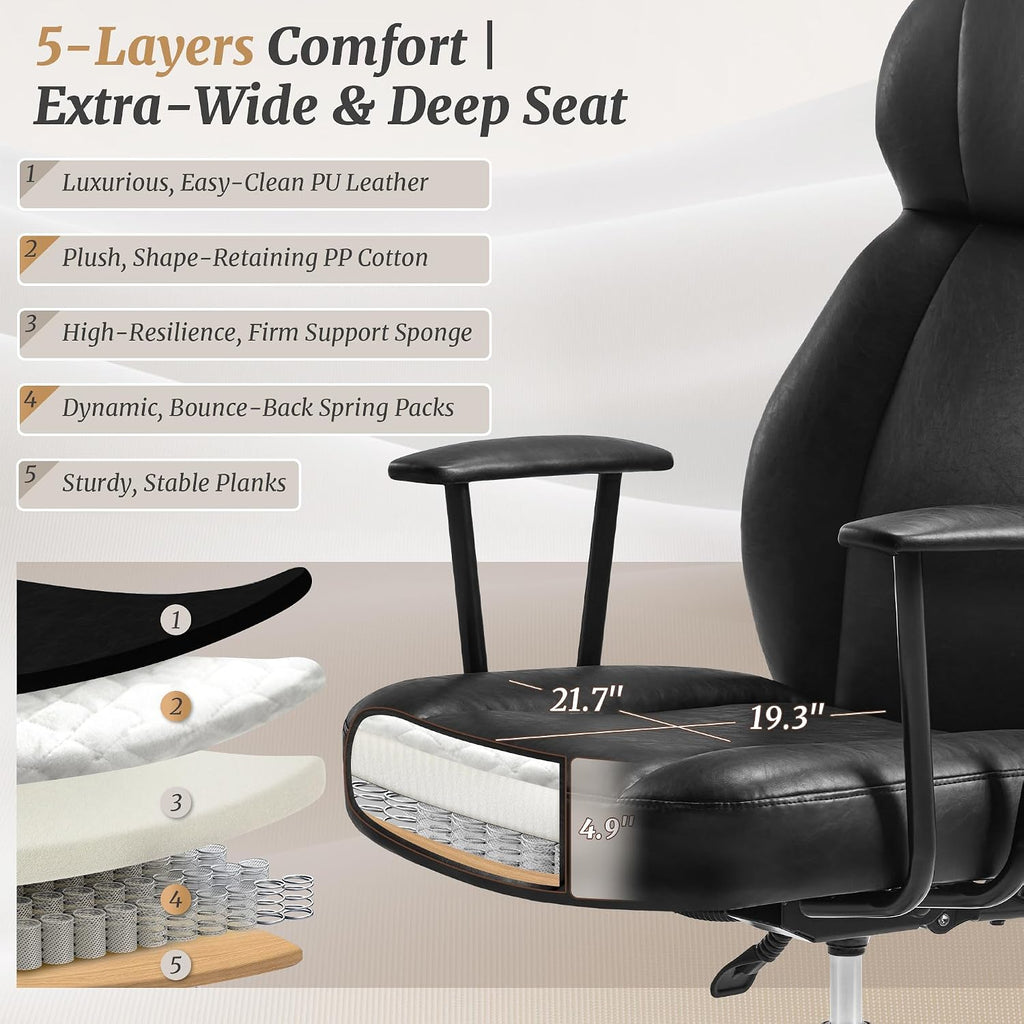 Cozyman Ergonomic PU Leather Home Office Chair, High Back Executive Desk Chair with 5-Layer Cushion, 95-135° Reclining Back, Lumbar Support, Adjustable Height, 360° Swivel for Home Office Task, Black