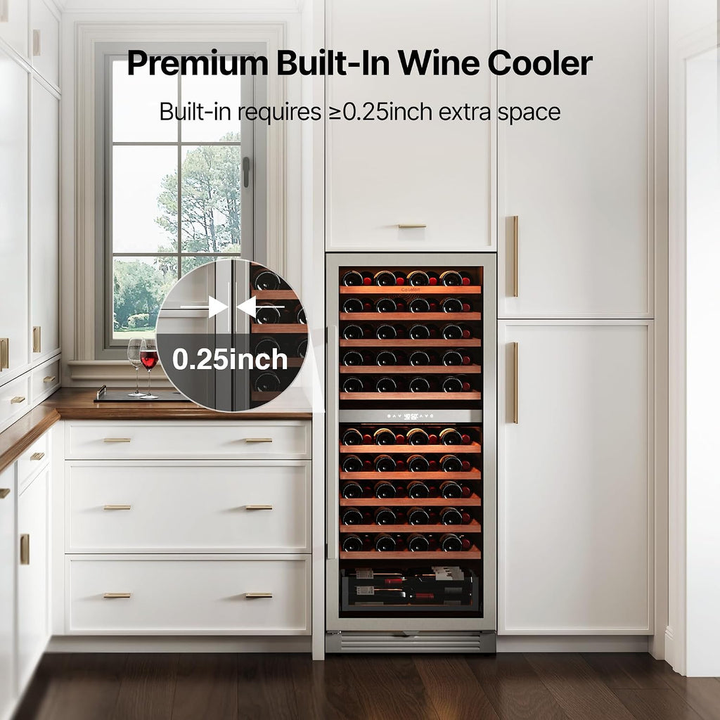 Ca'Lefort 90 Bottle Wine Fridge - 24 Inch Dual Zone Wine Cooler 40-65°F with Bottom Drawer, 10 Adjustable Shelves & 3 LED Lights, Energy Star Certified Built-in or Freestanding for Home/Bar/Kitchen