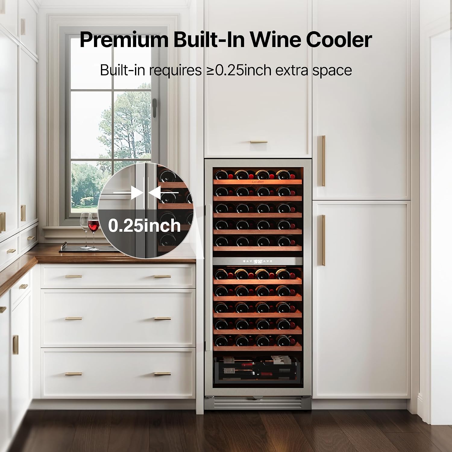 Ca'Lefort 90 Bottle Wine Fridge - 24 Inch Dual Zone Wine Cooler 40-65°F with Bottom Drawer, 10 Adjustable Shelves & 3 LED Lights, Energy Star Certified Built-in or Freestanding for Home/Bar/Kitchen