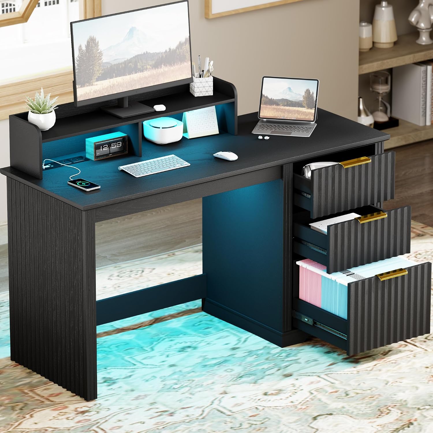 Lareth Computer Desk with Monitor Stand, 47 inch Home Office Desk with RGB LED Lights and Power Outlets, Writing Desk with Storage File Drawer for Working Gaming Writing, Black