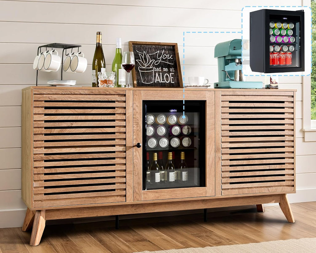 LUXOAK 60' Farmhouse Coffee Bar Cabinet with Beverage Fridge (Included), Wine Bar Cabinet with Drawer Storage, Mini Fridge Cabinet, Sideboard Cabinet for Dining Room, Living Room-Brown