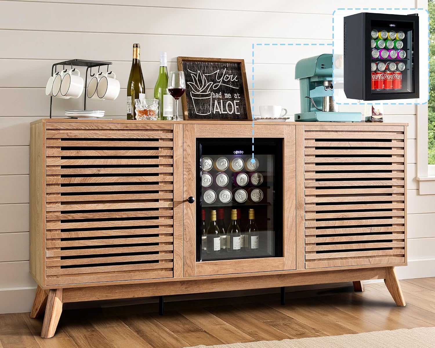 LUXOAK 60' Farmhouse Coffee Bar Cabinet with Beverage Fridge (Included), Wine Bar Cabinet with Drawer Storage, Mini Fridge Cabinet, Sideboard Cabinet for Dining Room, Living Room-Brown