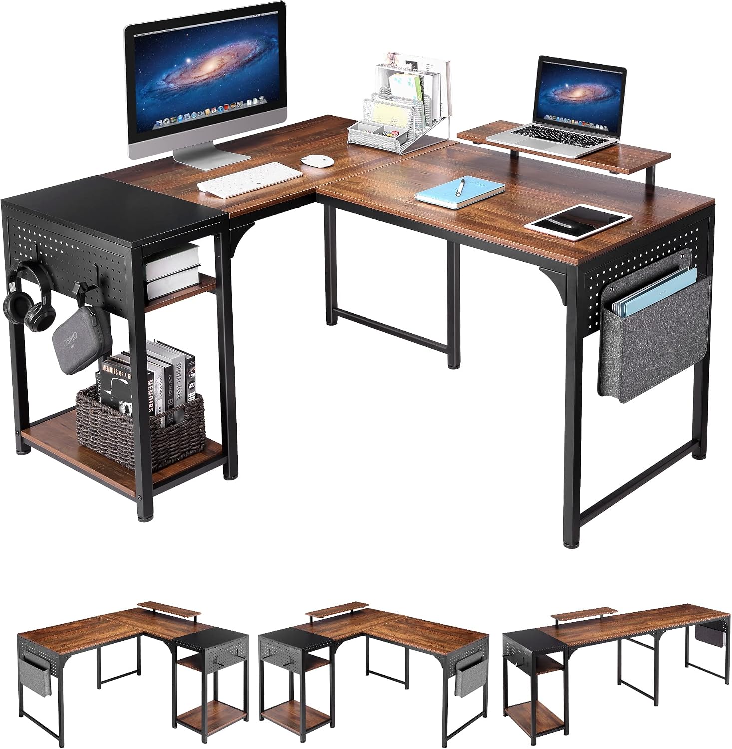 It's_Organized Reversible L Shaped Desk with Monitor Stand,58x47 inch Corner Desk,Study Writing Computer Table with Storage Shelves for Home Office,Rustic Brown/Black