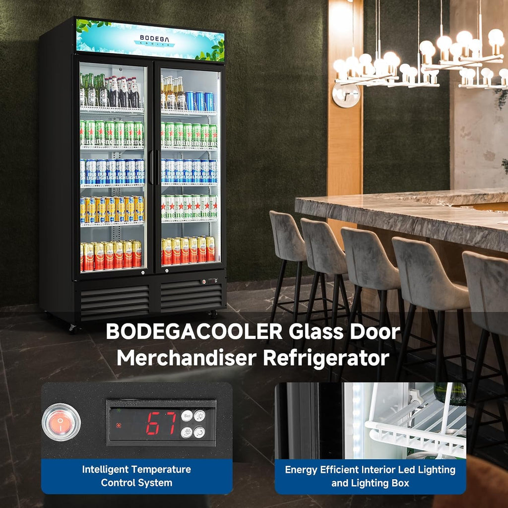 BODEGACOOLER Commercial Merchandiser Refrigerator,2 Glass Door Commercial Beverage Refrigerator, Beverage Display Cooler with Soft LED Light, Adjustable Shelves and 4 Strong Castors, 35.4 Cu. Ft,Black