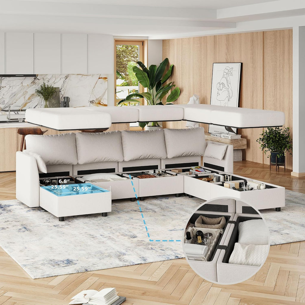 Huatean Home Modular Sectional Sofa, 7 Seat Modular Couch with Storage, Memory Foam, Convertible Sectional Couches for Living Room, L Shaped Comfy Modular Sofa with Chaise, Beige