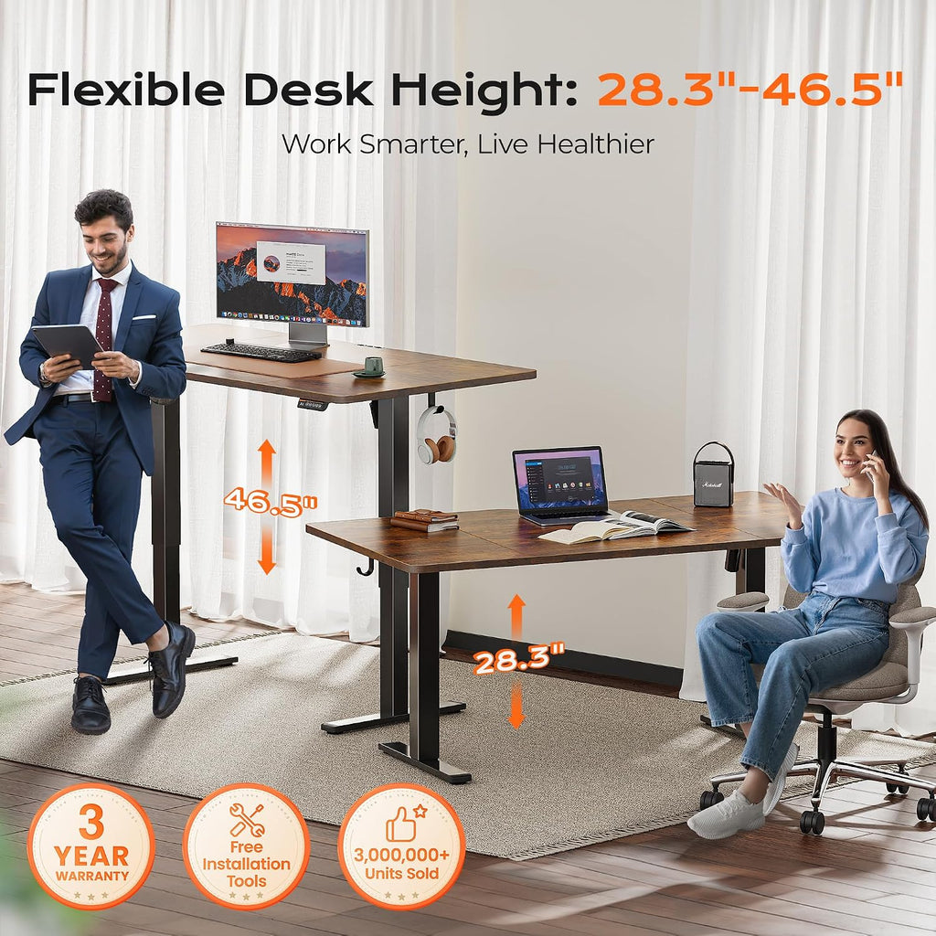 Huuger 63 x 28 Large Electric Standing Desk, Height Adjustable Computer Desk, 27.6' Deep Desktop, Stand up Gaming Office Table with 2 Hooks, 3 Preset Heights, for Home Office, Rustic Brown