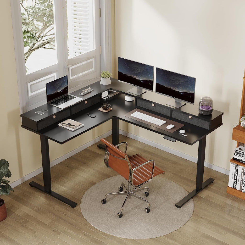 FLEXISPOT 63' L Shaped Standing Desk Electric Corner Table with Monitor Shelf, 4 Storage Drawers, Adjustable Computer Workstation for Home, Office, Game, Studio, Black Top + Black Frame