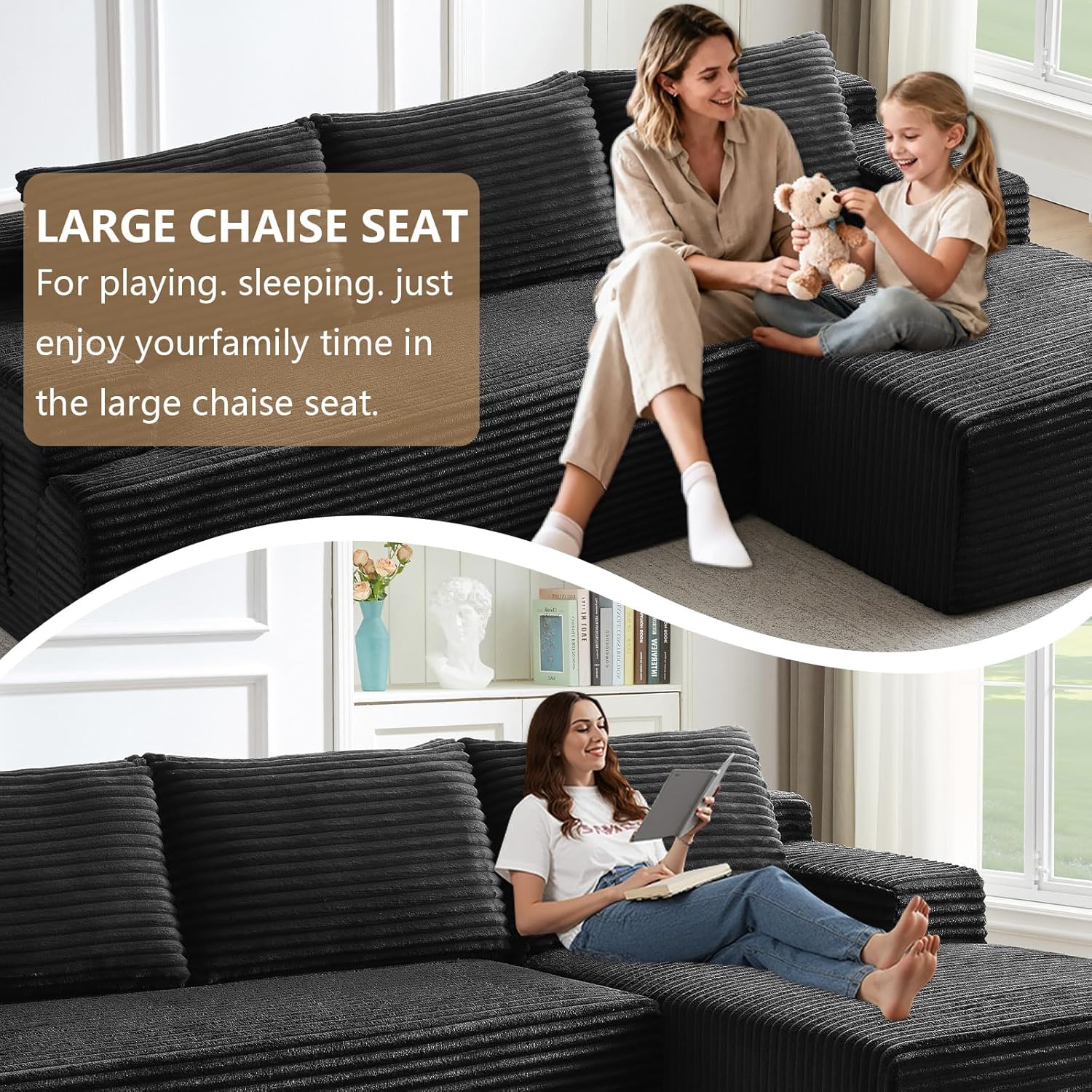 96' Modular Sectional Sofa Couches L-Shape Couch 3 Seat Modular Sofa Corduroy Memory Foam Sectional Boneless Couches for Living Room, Cloud Couch with Oversized Chaise(Black, Right Facing)
