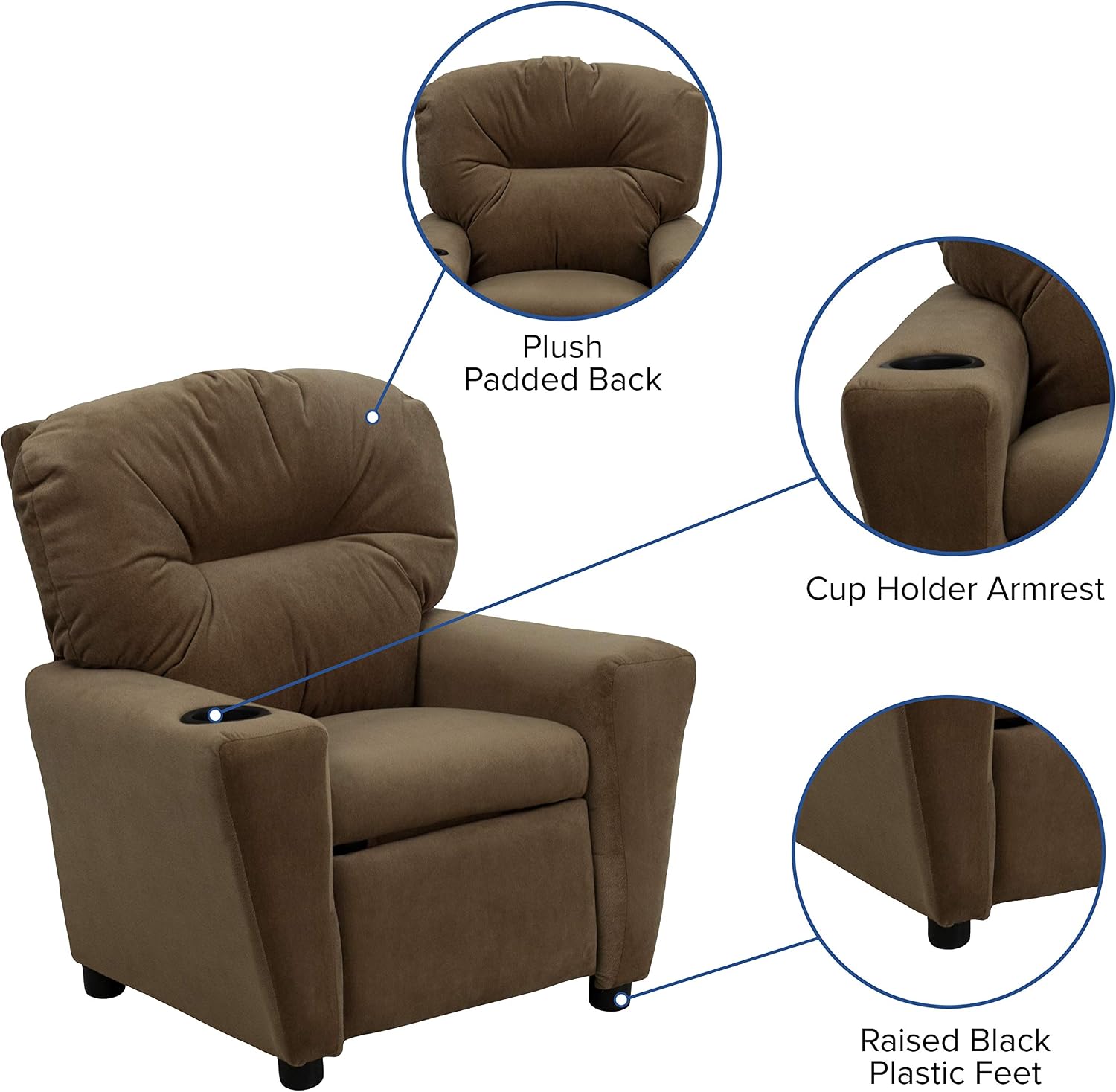 EMMA + OLIVER Brown Microfiber Kids Recliner with Cup Holder