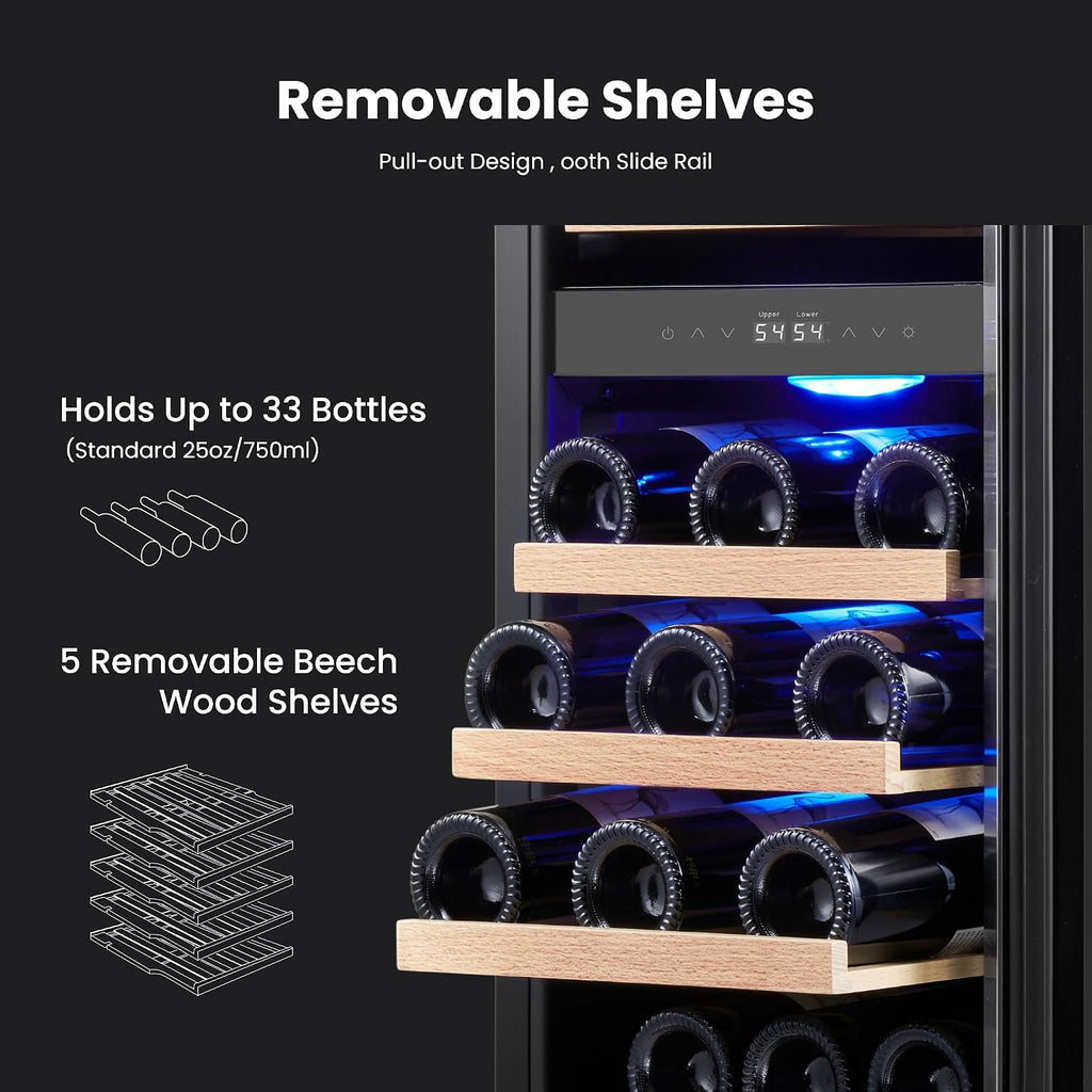Yeego Wine Fridge Cooler - 15 Inch Dual Zone Wine Fridge Hold 28 Bottles, 40-65°F Wine Refrigerator Glass Door, Built in, Freestanding Under Counter Fridge for Beer Soda Drink Home Bar Office