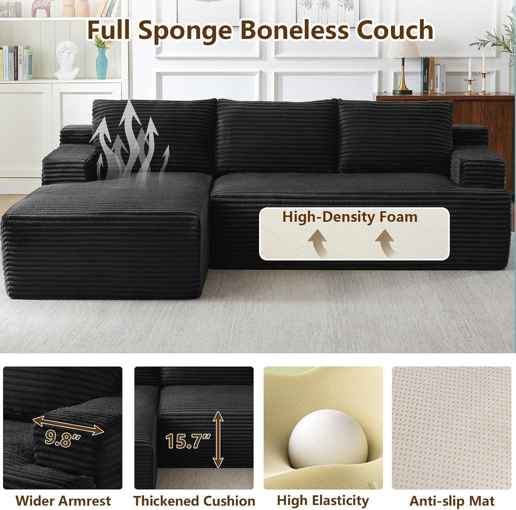 96' Modular Sectional Sofa Couches L-Shape Couch 3 Seat Modular Sofa Corduroy Memory Foam Sectional Boneless Couches for Living Room, Cloud Couch with Oversized Chaise(Black, Left Facing)