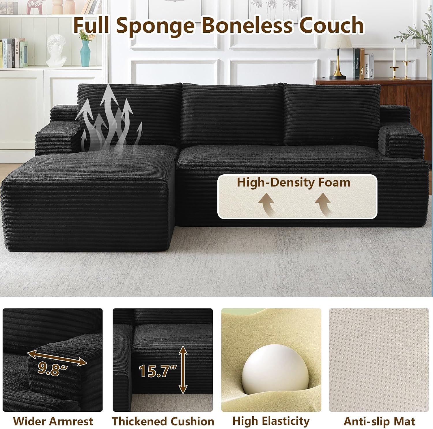 96' Modular Sectional Sofa Couches L-Shape Couch 3 Seat Modular Sofa Corduroy Memory Foam Sectional Boneless Couches for Living Room, Cloud Couch with Oversized Chaise(Black, Left Facing)