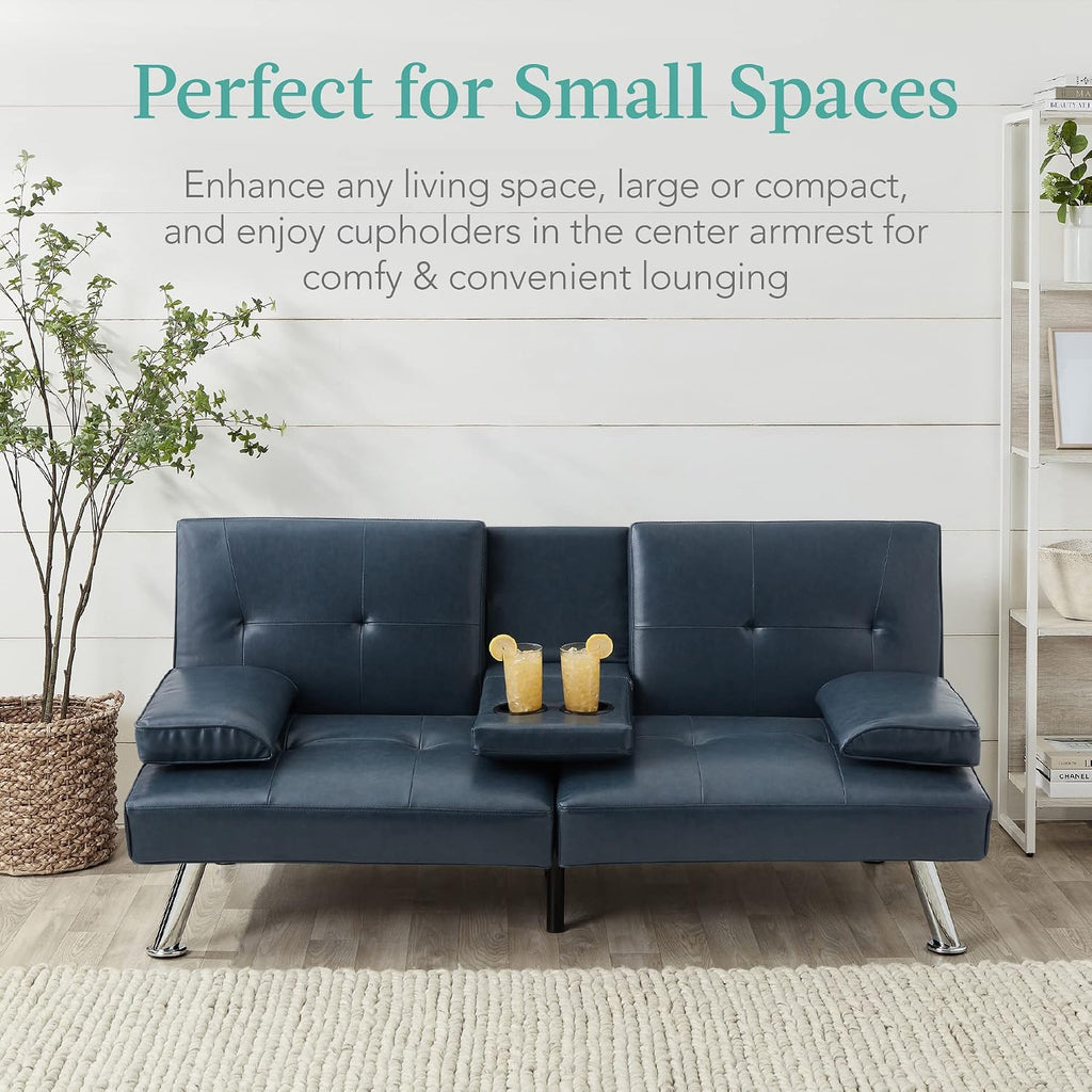 Best Choice Products Faux Leather Upholstered Modern Convertible Futon, Adjustable Folding Sofa Bed, Guest Bed w/Removable Armrests - Blue