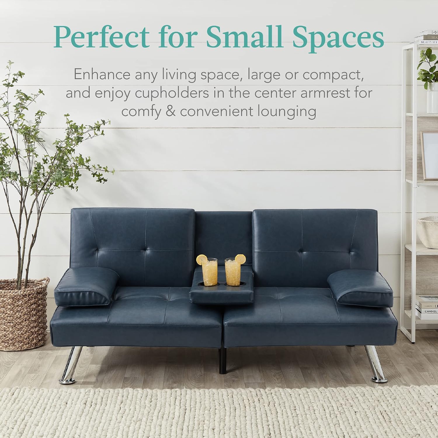 Best Choice Products Faux Leather Upholstered Modern Convertible Futon, Adjustable Folding Sofa Bed, Guest Bed w/Removable Armrests - Blue