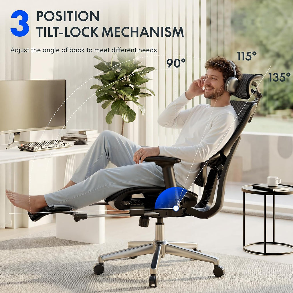 FLEXISPOT ErgoX Premium Ergonomic Office Chair with Footrest- Adjustable 3D Armrests, Dynamic Lumbar Support, Recline & Tilt Function, Mesh Seat, for Home & Office Use,Dark Grey
