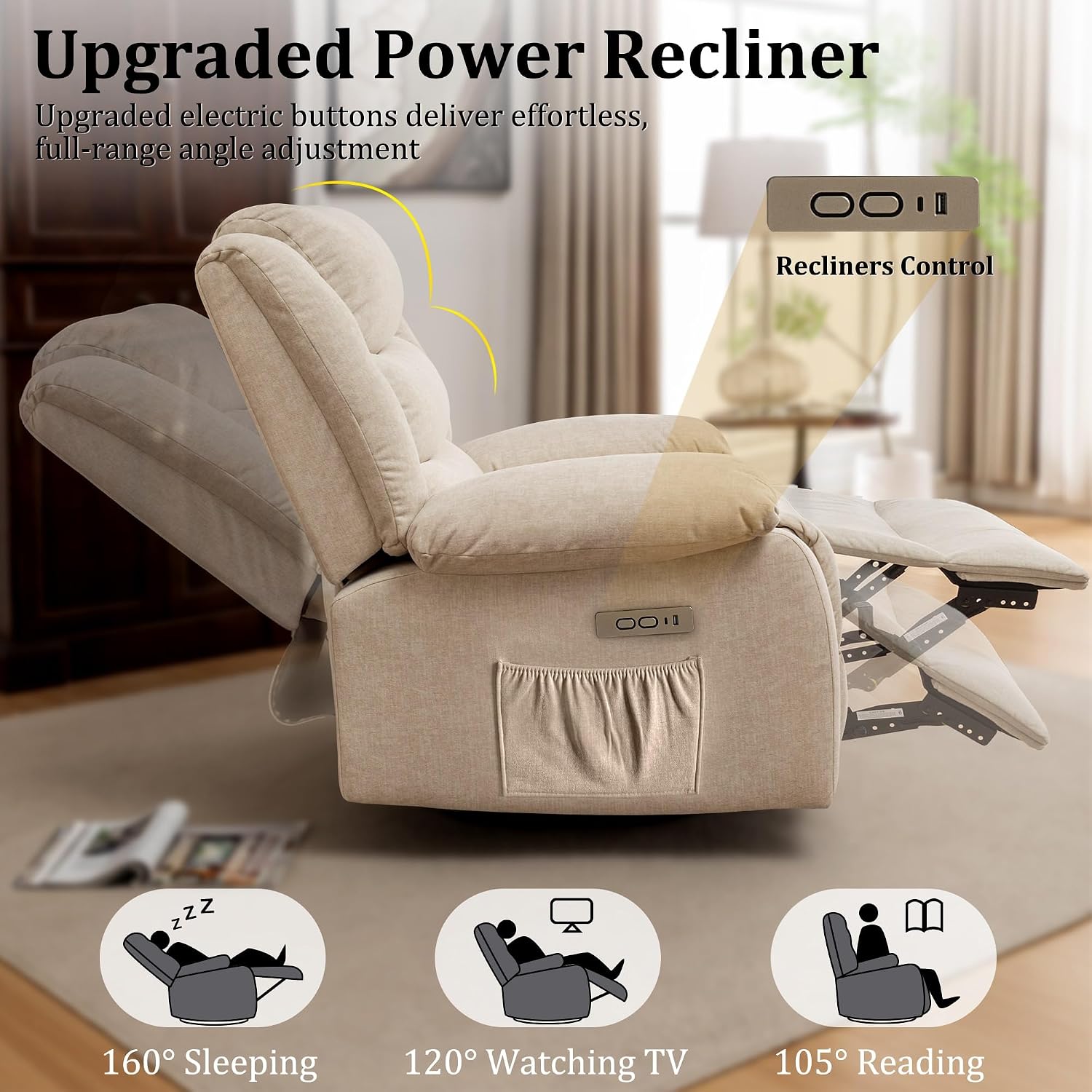 Korser Power Recliner Chair, Electric Rocker Recliner with Massage and Heat, 270° Swivel Glider, Oversized Wide Seat with USB Port, Cashmere Nursery Chair for Living Room, Khaki
