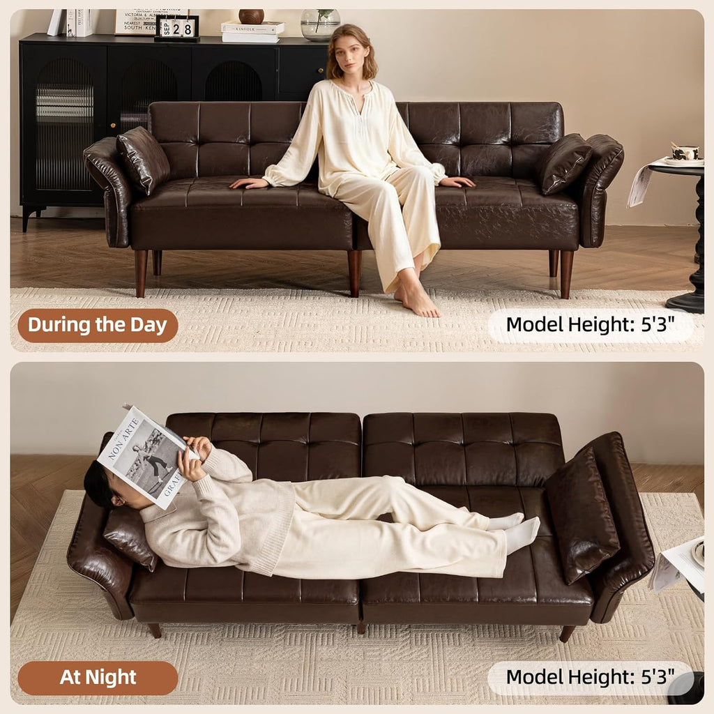 HALLYBEE 85' Futon Sofa Bed, Sleeper Sofa, Small Couch with Storage Adjustable Armrests Pillows, Faux Leather Loveseat, Mid Century Modern Couches for Living Room, Bedroom, Apartment, Coffee Brown