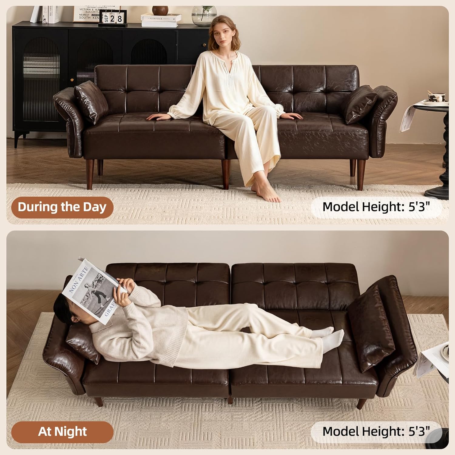 HALLYBEE 85' Futon Sofa Bed, Sleeper Sofa, Small Couch with Storage Adjustable Armrests Pillows, Faux Leather Loveseat, Mid Century Modern Couches for Living Room, Bedroom, Apartment, Coffee Brown