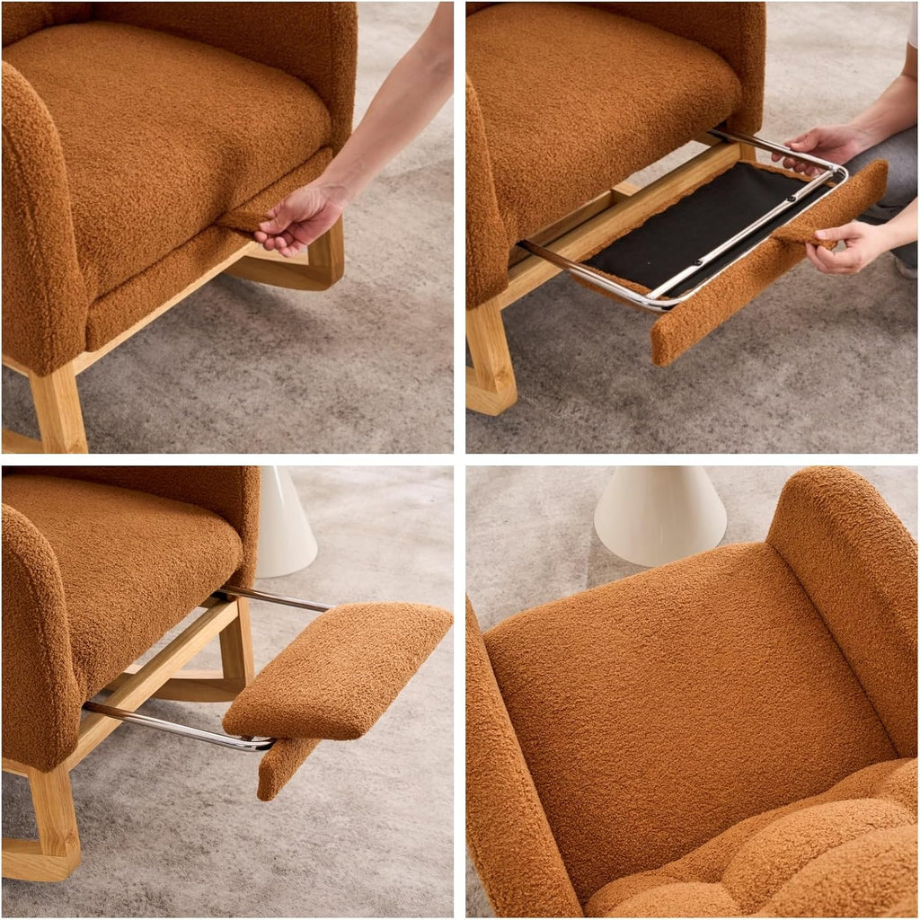 Nursery Rocking Chair with Retractable Footrest,Accent Rocker for Relaxing, Side Pocket,A+ Grade Rubber Wood,Suitable for Living Room,Bedroom and Balcony (Teddy Fleece, Caramel)