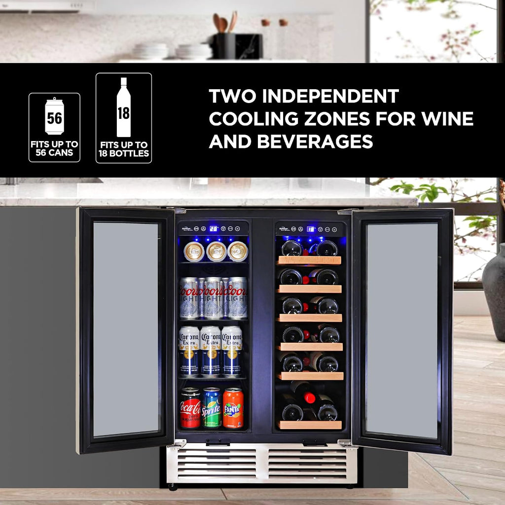 Koolatron 18 Bottle 56 Can Wine Fridge – Wine Cooler with Glass Door, 150 L Beverage Can Refrigerator, Digital Temperature Control/Dual temperature zone, Ideal for White,Red & Sparkling Wine