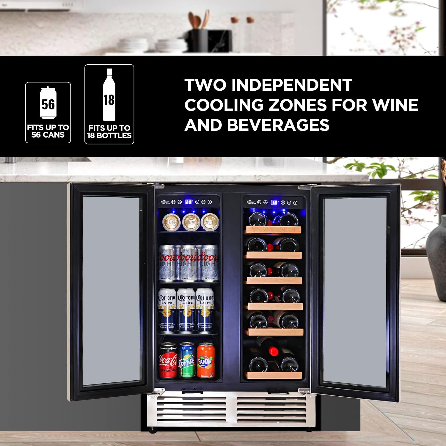 Koolatron 18 Bottle 56 Can Wine Fridge – Wine Cooler with Glass Door, 150 L Beverage Can Refrigerator, Digital Temperature Control/Dual temperature zone, Ideal for White,Red & Sparkling Wine