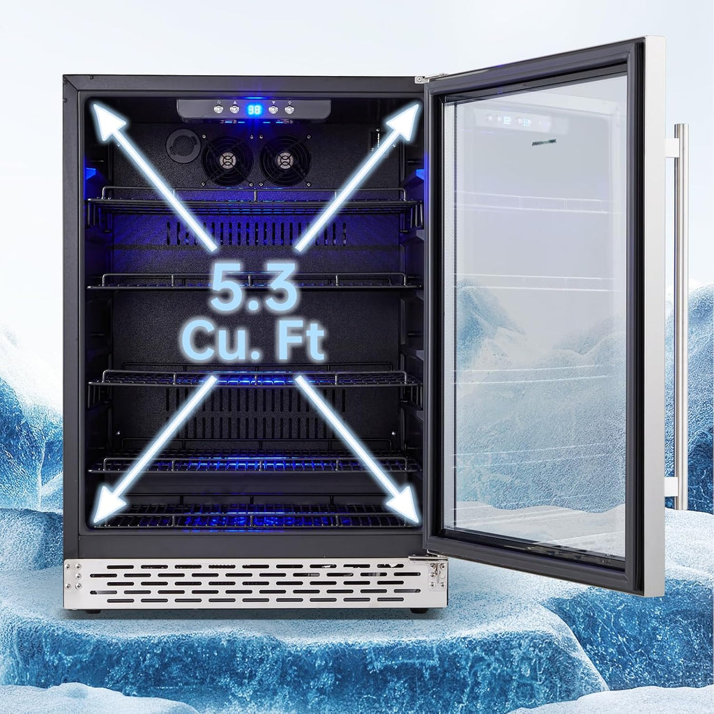Phiestina Beverage Refrigerator 175 Cans Under Counter Beer Cooler 24 inch Quiet Built-in or Freestanding Beverage Fridge Glass Door Auto Defrost 5 Removable Shelves for Home Bar Office