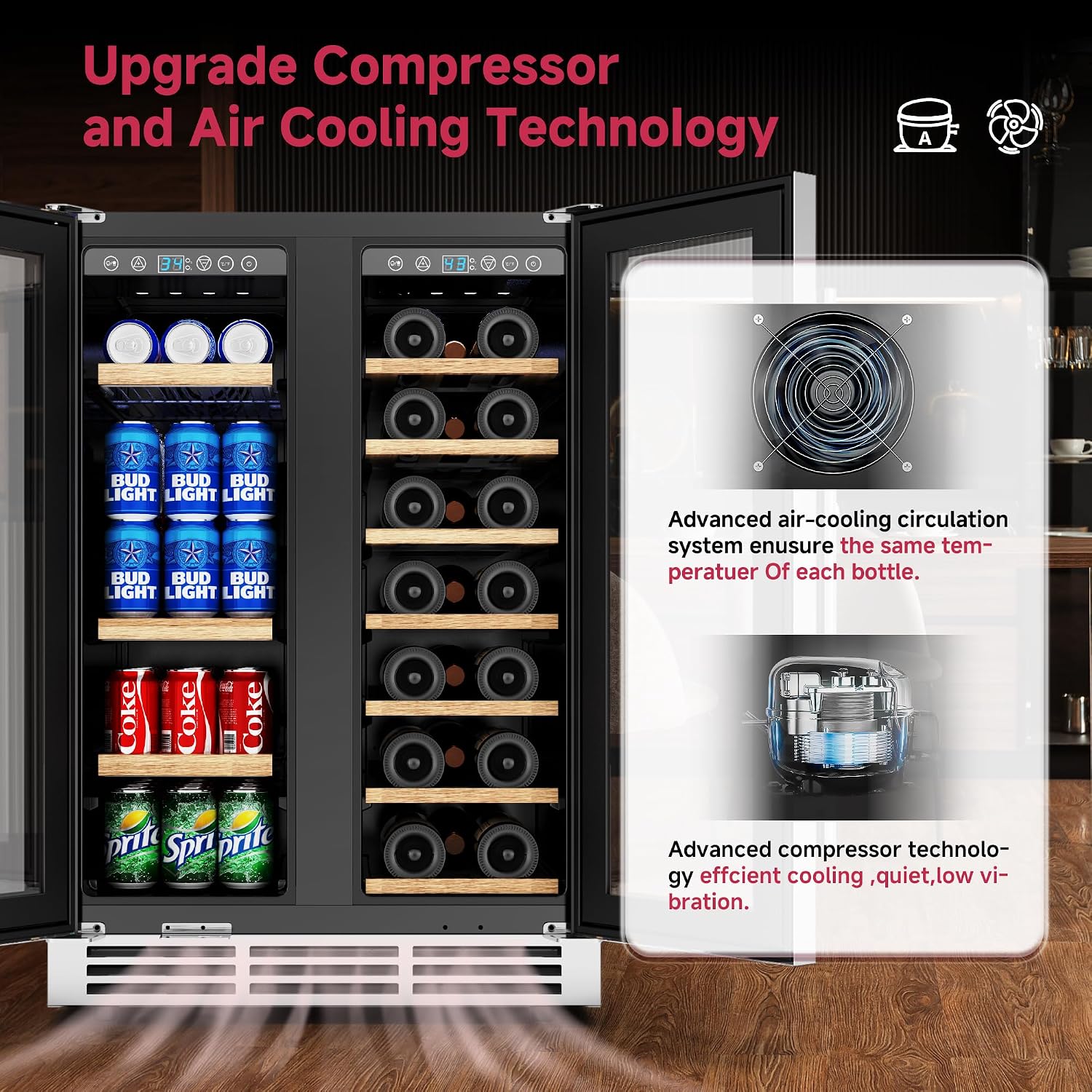 Icyglee 24' Wine and Beverage Refrigerator, Dual Zone Wine Cooler with Glass Door, Hold 88 Cans & 21 Bottles, Built in or Freestanding Under Counter Wine Fridge with Blue LED Light.