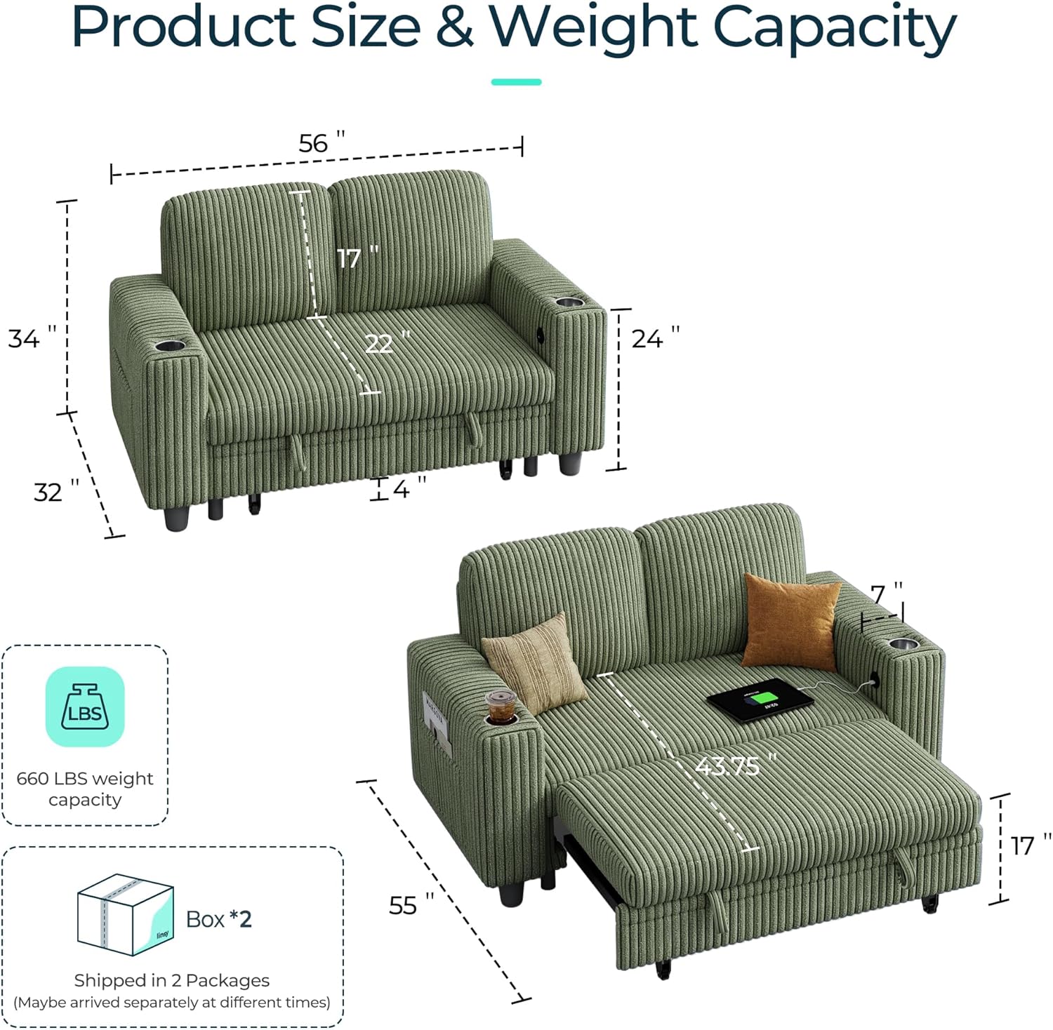 LINSY HOME Sectional Sleeper Sofa with Pull Out Couch Bed for Living Room (Green) | USB Charging, Storage Chaise, Storage Ottoman, Plush Corduroy, Pull Out Couch