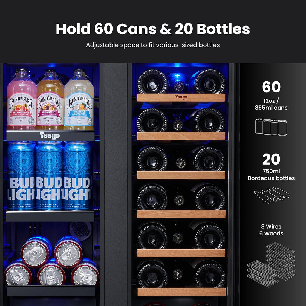 Yeego Wine and Beverage Refrigerator - 24 Inch Dual Zone Wine Fridge 60 Can & 20 Bottle, 36-72°F Cooler Built in Under Counter Fridge with Glass Door for Beer Soda Drink Home Bar Office